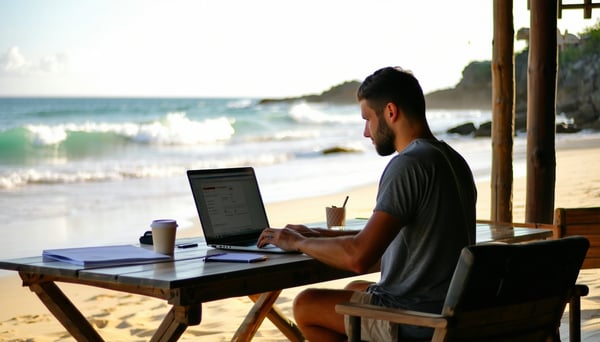 Man werkende aan Power BI op het strand